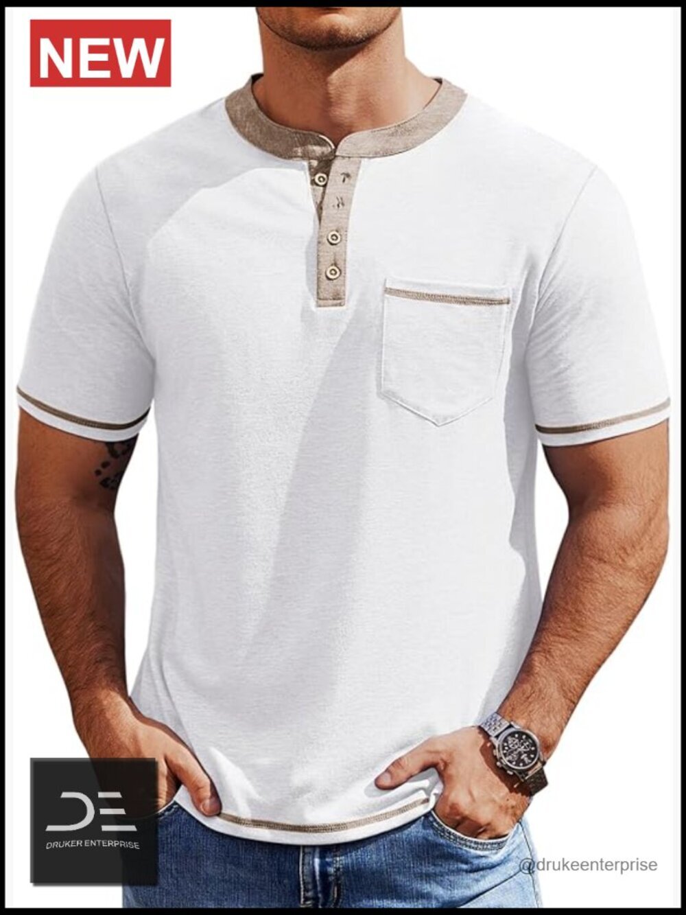 Men's Short Sleeve Henley Shirt with Pocket Casual Button Tee
